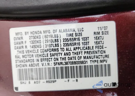 2008 Honda Odyssey Exl из США, поврежденный, VIN 5FNRL38708B009831